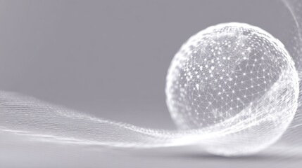 A spherical structure made of interconnected lines, surrounded by a flowing wave, creating a sense of movement and digital elegance against a soft gray background.