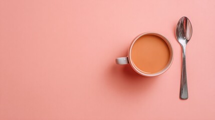 A minimalist image featuring a cup of coffee on a soft pink background, accompanied by a silver spoon, creating a cozy and inviting atmosphere.