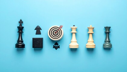 Chess Pieces Strategy Concept on Light Blue Background Still Life