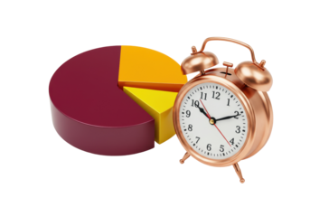 Copper alarm clock and pie chart isolated, time management concept for business planning and financial analysis PNG
