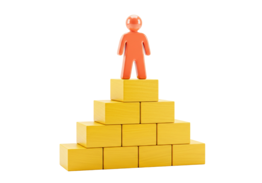 Orange figure on top of yellow blocks isolated, concept of success and leadership in business and career