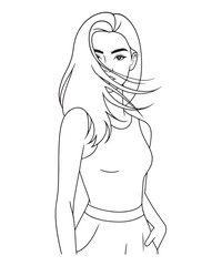 Beautiful Woman Silhouette with Flowing Hair Line Art.