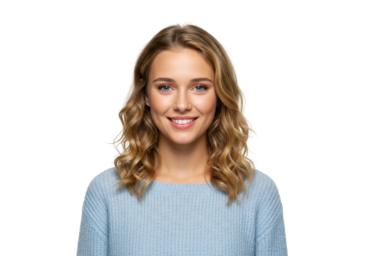 Smiling blonde woman in blue sweater isolated on white, portrait of a beautiful young adult for lifestyle and beauty concepts