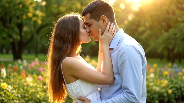愛し合う若い恋人たちの屋外キス