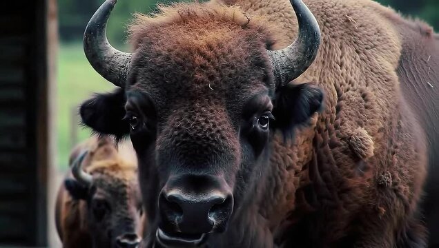 Close up of a majestic european bison with its thick fur and powerful horns, standing in a natural habitat, looking directly