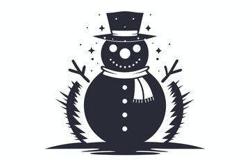 Snowman Art with Top Hat Scarf and Stick Arms on White Background Design