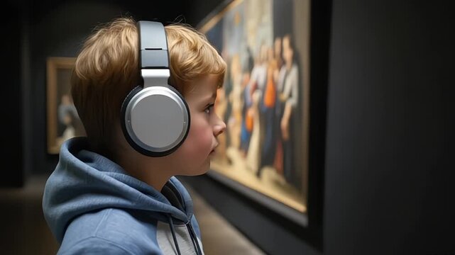 Young boy wearing headphones attentively viewing artwork in museum setting