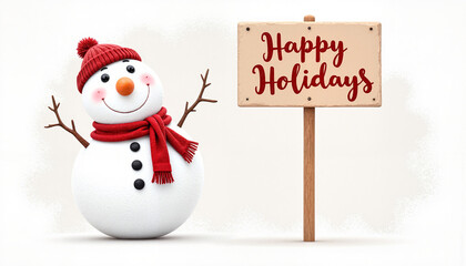 Cheerful snowman wearing a red hat and scarf next to a sign reading "Happy Holidays" on a white background