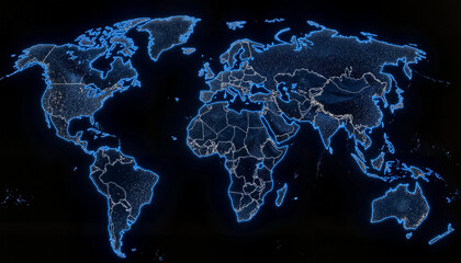 Illuminated world map with neon blue outline and starry night effect on a black background