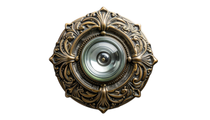 Ornate bronze doorbell with camera lens, intricate details