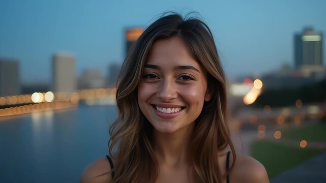 Smiling woman with dimples in an urban setting at dusk with blurred background