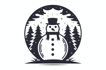 Snowman Silhouette Design with Trees and Snowflakes Winter on White