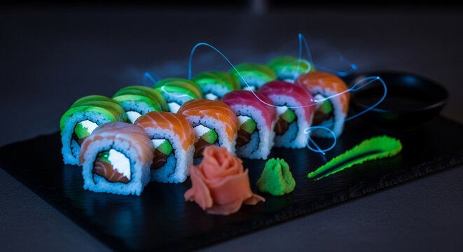 A colorful sushi roll arrangement with glowing accents, featuring salmon, avocado, and cream cheese, presented on a black slate with ginger and wasabi - Powered by Adobe