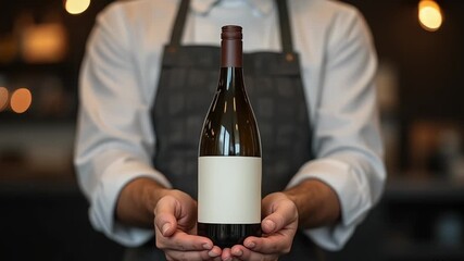 Server presenting a bottle of wine with a blank label in a restaurant setting
