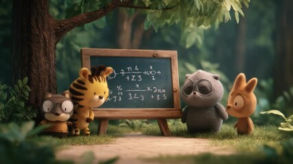 Four anthropomorphic cartoon animals stand near a blackboard in a forest clearing, engaged in learning - Powered by Adobe