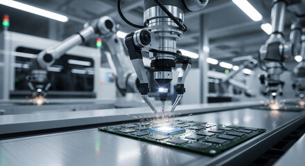 Fototapeta premium Close-up of a robotic arm assembling microchips with precision on a production line, concept of AI automation in manufacturing