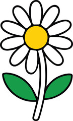 A simple and cheerful daisy flower with white petals, a bright yellow center, and two green leaves on a stem. This graphic is perfect for spring and summer themes.