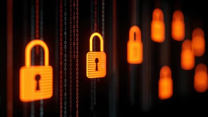 Cybersecurity digital security concept featuring glowing orange padlock icons and binary code, symbolizing data protection, secure information flow, and advanced technology in digital systems - Powered by Adobe