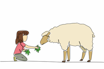 Continuous one line drawing girl holds a handful of grass in her hand and gives it to the sheep. Providing the best grass feed. National Open Farm Day. Single line draw design vector illustration