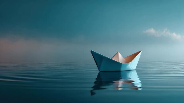 Blue paper boat floating calm water with soft clouds sky creating peaceful serene atmosphere with gentle ripple reflection blue water calm sky perfect for travel adventure creativity craft nature