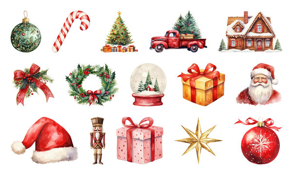 PNG Festive Christmas holiday decorations illustration, element set on transparent background