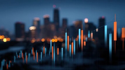 Financial chart with candlestick graph overlay blurred cityscape background showing dynamic market trends data analysis and investment growth modern urban setting with vibrant blue and orange bars - Powered by Adobe