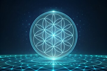 Mystical glowing geometric flower of life symbol in a futuristic digital style, representing sacred geometry, spirituality, balance, and universal connection.