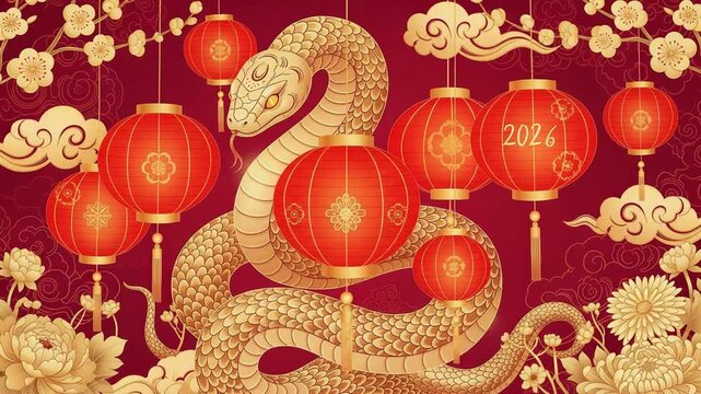 golden snake year chinese new lanterns auspicious design
