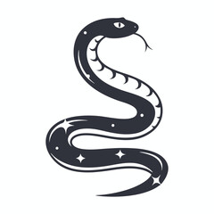 Obraz premium Stylish Black Snake with Tongue Out, Scale Marks & Stars on White Background