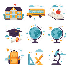 Naklejka premium A vibrant collection of educational icons, including a school building, bus, graduation cap, globes, backpack, and microscope.