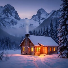 Snowy Mountain Cabin at Dusk.