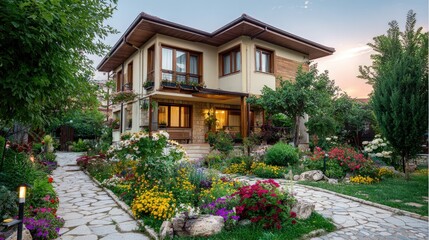 Fototapeta premium A cozy two-storey house with warm beige walls, wooden accents, and a lush green garden full of flowers, trees, and a stone pathway leading to the entrance