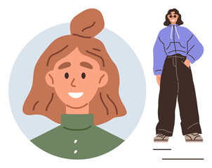 Smiling face of a person in a circular frame alongside a casually dressed figure showcasing baggy pants, hoodie, sunglasses. Ideal for fashion, personality, lifestyle, youth trends, individuality