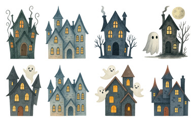 PNG Whimsical haunted house illustrations, element set on transparent background
