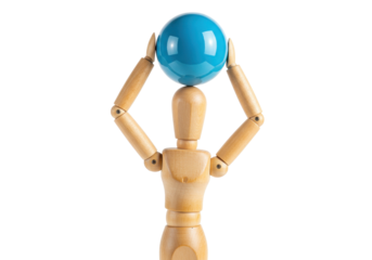 Wooden mannequin holding a blue sphere isolated on transparent background, anatomical model for artists and designers