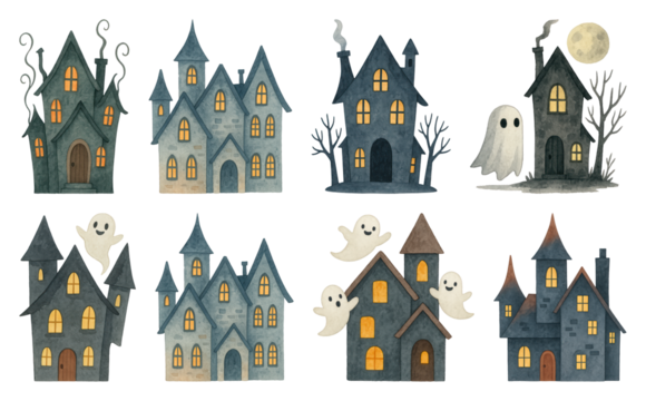PNG Whimsical haunted house illustrations, element set on transparent background