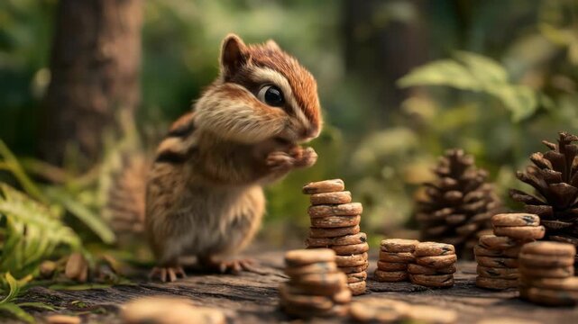 A curious chipmunk nibbles on a stack of cookies surrounded by pine cones