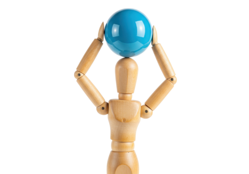 Wooden mannequin holding a blue sphere isolated on transparent background, anatomical model for artists and designers - Powered by Adobe