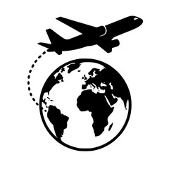 Airplane Traveling Around the Globe, Global Travel and Tourism Icon