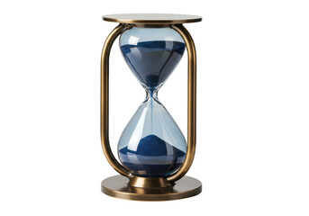 Elegant blue sand hourglass isolated on white, vintage timer with bronze frame for home decor and time management concepts
