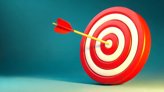 Red and white target with arrow hitting bullseye on blue background symbolizing precision success goal achievement perfect aim and clean blue background for ultimate success and achievement