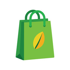 Green shopping bag with a single yellow and orange leaf icon on white background