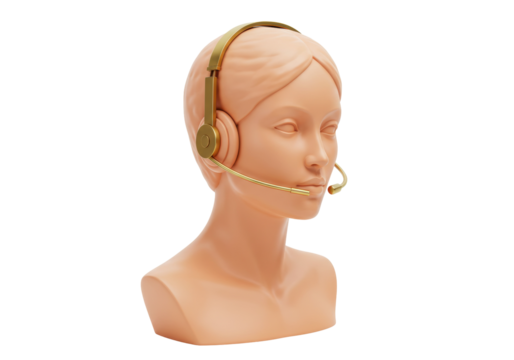 Gold headset on mannequin head isolated, communication device for customer service and call center use, on a clean background