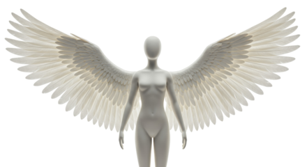 Abstract mannequin with large feathered wings isolated PNG, angelic figure on transparent background
