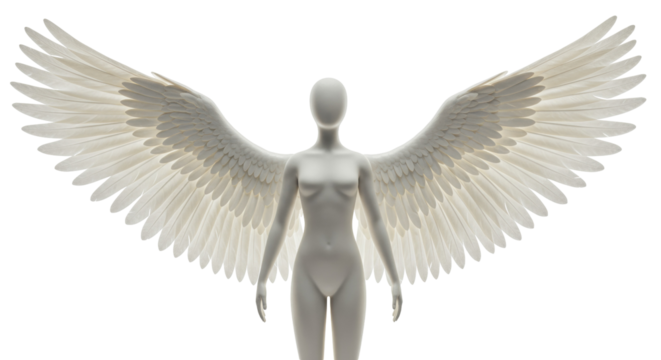 Abstract mannequin with large feathered wings isolated PNG, angelic figure on transparent background