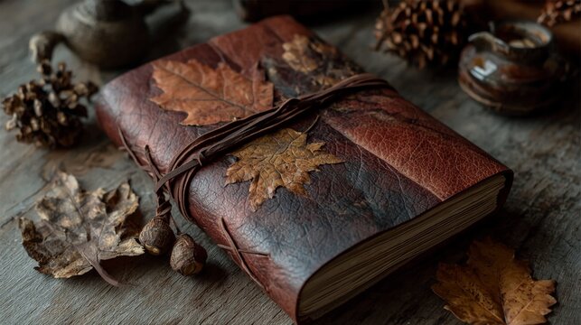 Capture the essence of autumn with this vintage leather journal and dried leaves, a perfect backdrop for creative writing, rustic weddings, fall-themed promotions, or cozy lifestyle blogs