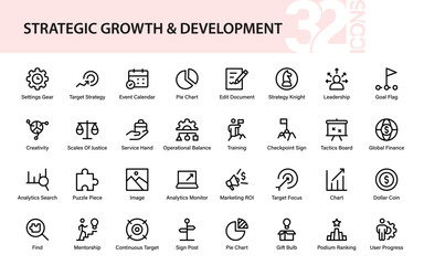 Professional business strategy and marketing icon set featuring analytics, finance, leadership, creativity, and success concepts for modern corporate design.