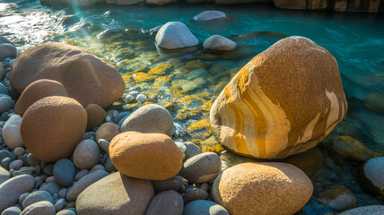 An underwater photograph of smooth river rocks and boulders of varying sizes resting on the riverbed.