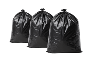 Black garbage bags three full tied, isolated on a transparent background