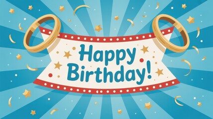 Celebrate joyfully with a vibrant 'Happy Birthday' banner, confetti, and festive rings, perfect for creating memorable party invitations and decorations.